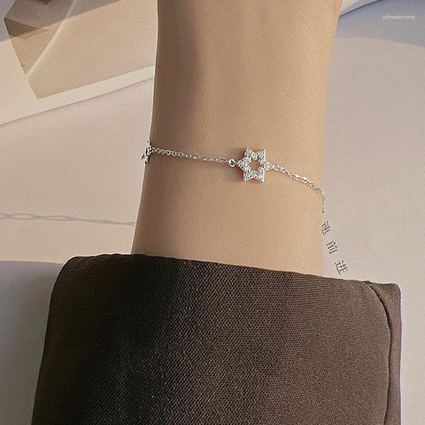 Braccialetti a maglie PANJBJ Bracciale con zirconi a forma di stella color argento per donna Ragazza scavata con gioielli coreani a catena fine regalo di compleanno
