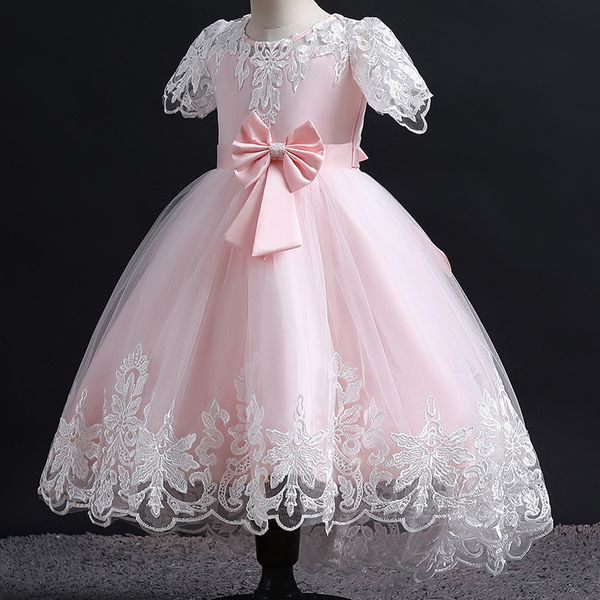 New Princess Flower Girl Dresses for Weedings Lace Illusion Stupy Little Baby First Communione 3D Flora Appliques Tulle Kids Gowns 403