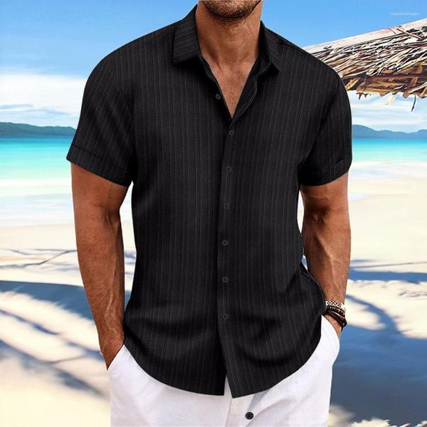 Camisas casuais masculinas com botão para baixo manga curta praia verão listrado camisa de textura