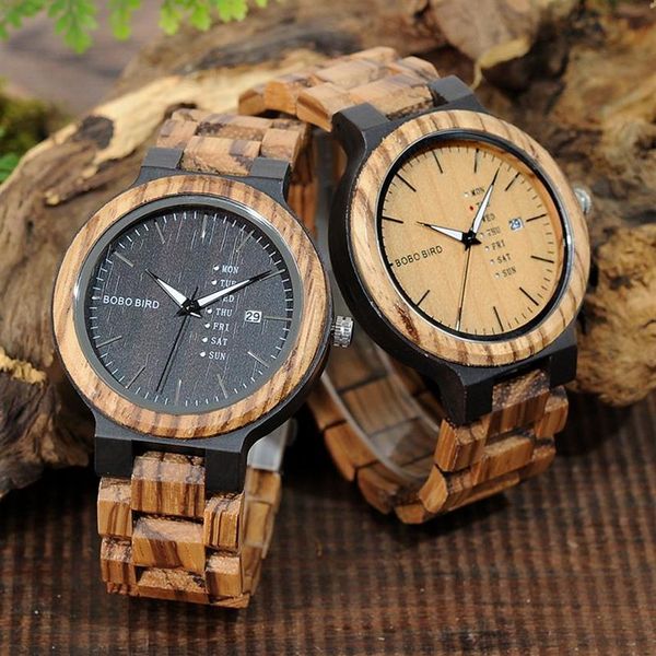 Bobo bird relógio masculino de marca original, calendário completo, pulseiras de madeira de quartzo, relógio de luxo chinês para homens304w