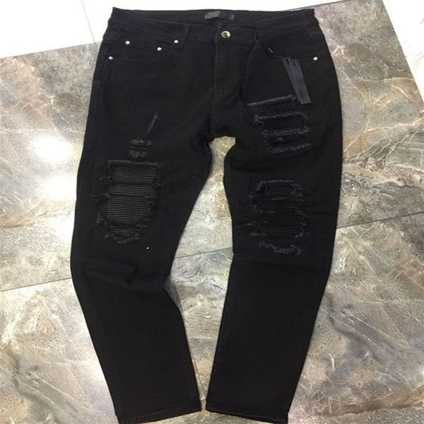 New Stryle Mens Jeans Designer Couro Remendado Rugas Jeans Top Quality Biker Denim Fashion Hop Hop Dobre Calças EUA Reino Unido Tamanho 29382737