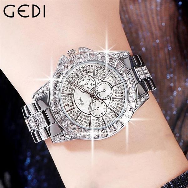 Relógios de pulso mulheres vestido relógio bling strass gedi moda senhoras aço inoxidável quartzo pulseira relógios impermeável283n