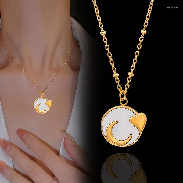 Pendant Necklaces SINLEERY Stainless Steel Moon Heart Round Necklace For Women Gold Color Chain Fashion Jewelry DL074