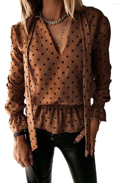 Damesblouses Kaki V-hals Tie Polka Dot Ruches Blouse Dames Casual Mode Elegante Elementen Tops