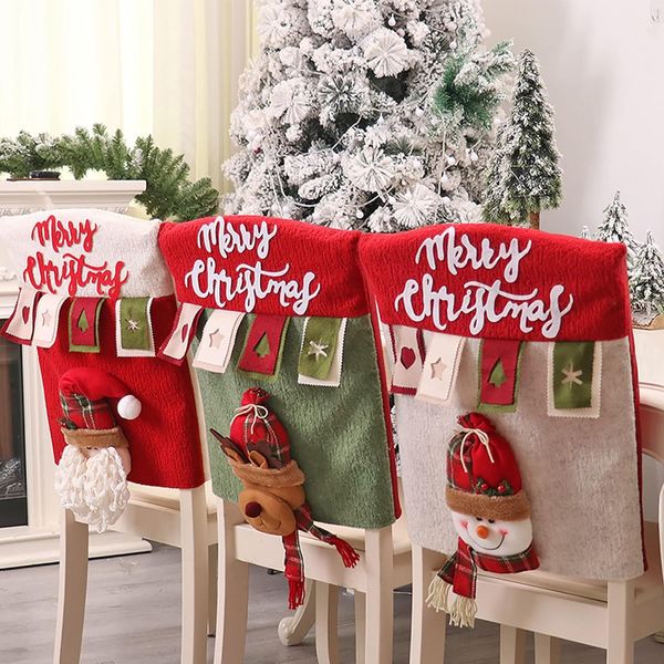 Conjunto de capas traseiras de cadeira de Natal com 6, 3D bonito Papai Noel boneco de neve rena capas de cadeira de jantar de Natal, capas de cadeira de Natal para jantar R