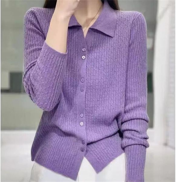 Malha feminina Limiguyue Mulheres Twist Knit Cardigan Sólido Polo Collar Lã Cashmere Sweater Primavera Outono Outwear Malhas Manga Longa E052