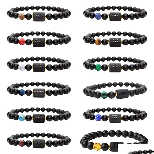 Frisado 2023 Novo 8mm Matte Black Onyx com 7 Chakras Reiki Set Star Sign Charm Pulseira Drop Delivery Jóias Pulseiras Dhnu1