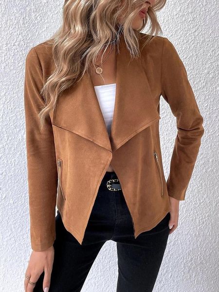 Chaquetas de mujer Abrigo de gamuza para mujer Sólido Doble cremallera Bolsillos Chaqueta Turn Down Collar Manga larga Casual Elegante Outwear corto