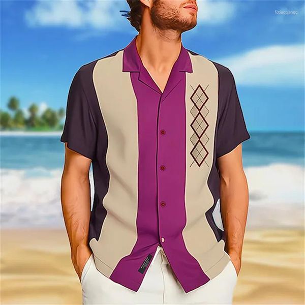 Camicie casual da uomo Camicia hawaiana estiva Colletto cubano geometrico T-s da spiaggia alla moda con stampa 3D nera