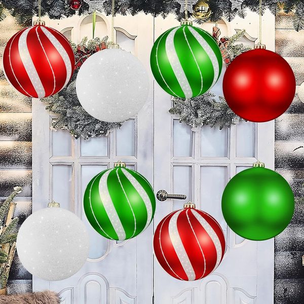 Conjunto de 8 grandes enfeites de bola de Natal de 6 polegadas vermelho verde branco glitter pendurado bolas de plástico de Natal para pendurar em ambientes internos e externos