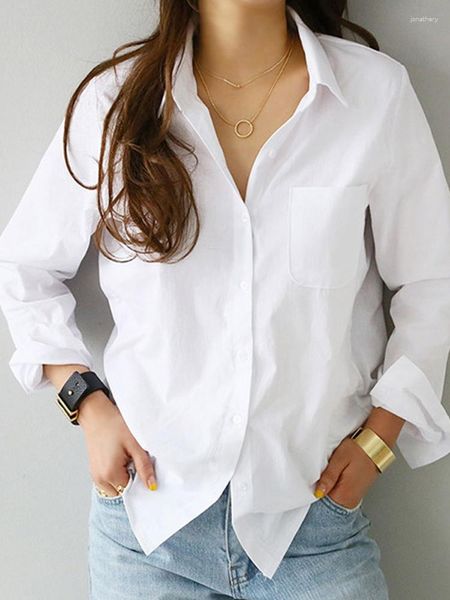 Blusas femininas 2023 primavera um bolso feminino camisa branca blusa feminina topo manga longa casual turn-down colarinho ol estilo solto