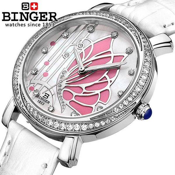 Suíça binger relógios femininos moda luxo relógio pulseira de couro quartzo borboleta diamante relógios de pulso B-3019L251E