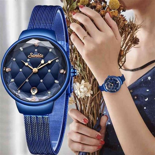 Moda feminina azul relógio de quartzo senhora casual à prova dwaterproof água simples relógio de pulso presente para meninas esposa saat relogio feminino caixa 210624280y