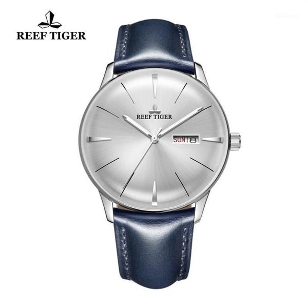 Relógios de pulso 2021 Reef Tiger RT Vestido Relógios para Homens Azul Banda De Couro Convexa Lente Branco Dial Automático RGA823812983