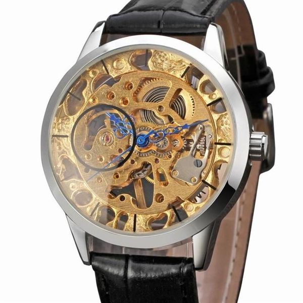 Durchsichtiges silberfarbenes Gehäuse, goldenes Uhrwerk, hohles Skelett, Steampunk-Handaufzug, mechanische Herren-Armbanduhr, schwarzes Lederarmband, Wr251v