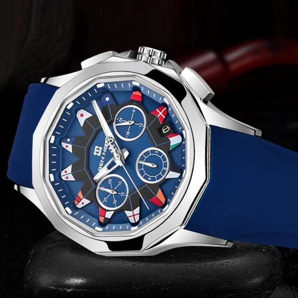 Orologi da polso NEVIS Orologio sportivo da uomo Orologio da polso al quarzo casual Luminoso quadrante con bandiera nautica Cinturino in silicone Orologio da lavoro maschile Reloj199t