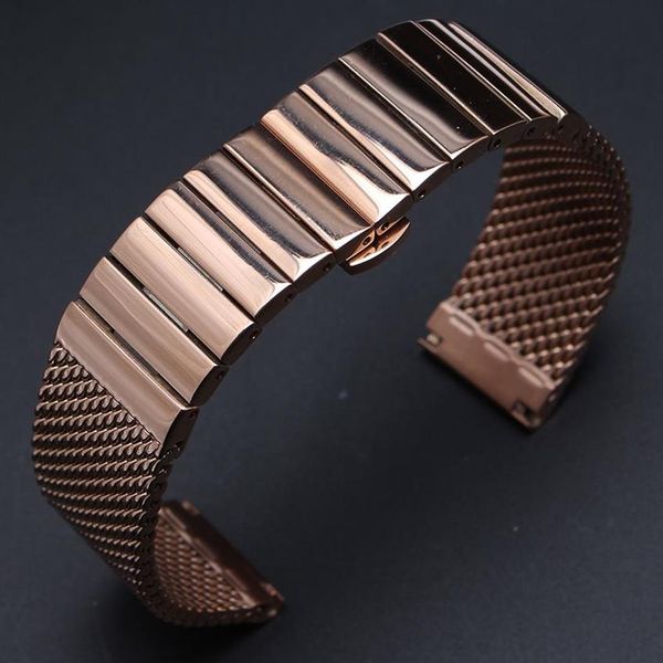 Pulseira de aço inoxidável cor ouro rosa, pulseira de relógio de metal para homens e mulheres, relógios 18mm 20mm 22mm 24mm, lindo accessori211a