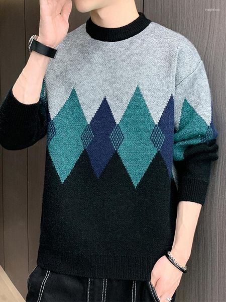 Suéter masculino 2023 o-pescoço de malha suéter inverno argyle padrão de diamante pulôveres quentes casuais jumpers malhas homens a228