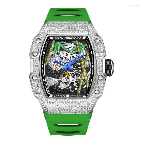 Armbanduhren Hanboro Herren Automatikuhr Top Mechanische Armbanduhr Leuchtendes Tonneau-Gehäuse Wasserdichtes, ausgehöhltes Panda-Zifferblatt