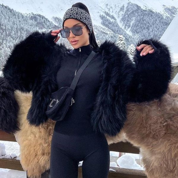 Kadın Kürk Moda Sevimli Kadınlar Siyah Ceketler Kabarık Peluş Sahte Ceket Kawaii Lady Büyük yaka Kalın Kapşonlu Outcoats Sonbahar Kış