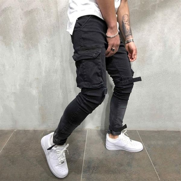 Olome marca novos homens multi-bolso biker jeans masculino fino carga joggers calças para homens cor preta streetwear swag denim calças t202400