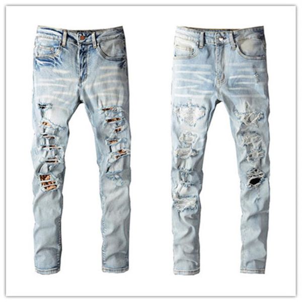 Мужские джинсы больших размеров W40 известного бренда 2022SS с мытыми леопардовыми нашивками, дизайнерские джинсы с тонкими штанинами, тонкие легкие эластичные джинсовые скинни Bl253q