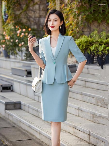 Zweiteiliges Kleid Frühling Sommer Rock Anzug Set für Frauen Kurzarm Rüschen Blazer Top Midi Büro Damen 2 Arbeitskleidung Elegante Anzüge