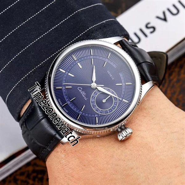 Новые автоматические мужские часы Cellini M50519-0011 Miyota 8215 Рифленый стальной безель Синий текстурированный циферблат Черные кожаные часы Timezonewatch 276k