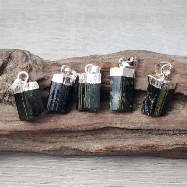 Colares Pingente FUWO Natural GreenBlack Turmalina Encantos Para Fazer Jóias Cor Prata Banhado Gems Pedra Acessórios PD410Y 5 Pçs/lote