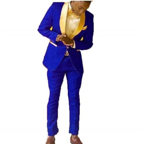 Жених Смокинги для жениха королевского синего цвета, шаль с золотыми лацканами, мужские костюмы из 2 предметов, свадебная куртка для жениха, брюки, галстук, мужские Blaz196V
