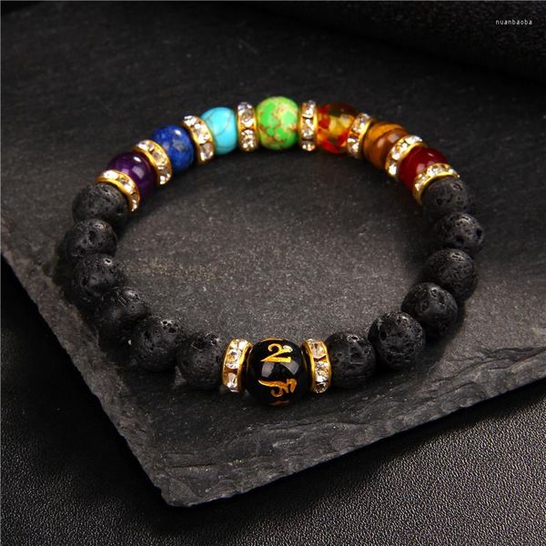 Strand Reiki 7 Chakra Guarigione Perline Bracciale in pietra naturale Buddha Braccialetti di equilibrio 8mm Lava vulcanica Perline Fascino Uomo Donna