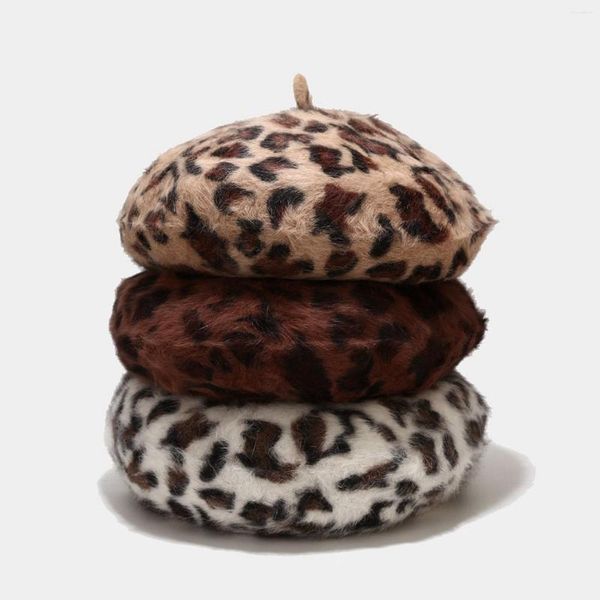 Berets 2023 leopardo lã boina chapéu para mulheres moda pelúcia velo pintor estiramento inverno quente chapéus senhoras festa plana atacado