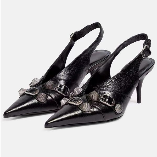 Novo preto apontado estilingue feminino salto alto espigão fivela de metal decoração sapatos femininos moda alça traseira sapatos de salto gatinho 90mm sapatos de grife de luxo