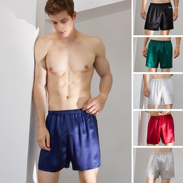 Shorts masculinos de seda cor sólida solto respirável roupa interior macio sexy wear casa casual praia boxer calças roupas