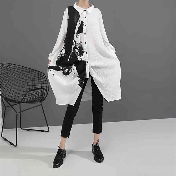 Koreanischen Stil Frau Langarm Weiß Druck Hemd Kleid Malerei Plus Größe Gerade Mädchen Casual Midi Lose Robe Femme Inkjet Rando3252
