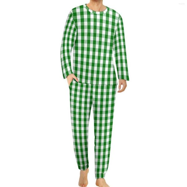 Herren-Nachtwäsche, Weihnachts-Gingham-Pyjama, Herbst, grün, kariert, Raumnachtwäsche, männlich, 2-teilig, benutzerdefinierter Langarm-Mode-Oversize-Pyjama