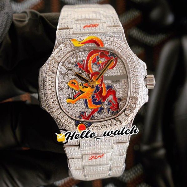 JHF Limited Nuovo Iced Out Full Diamonds 5720 1 Quadrante smaltato con design drago Cal 324 S C Orologio automatico da uomo 5720 Bracciale con diamanti He297v