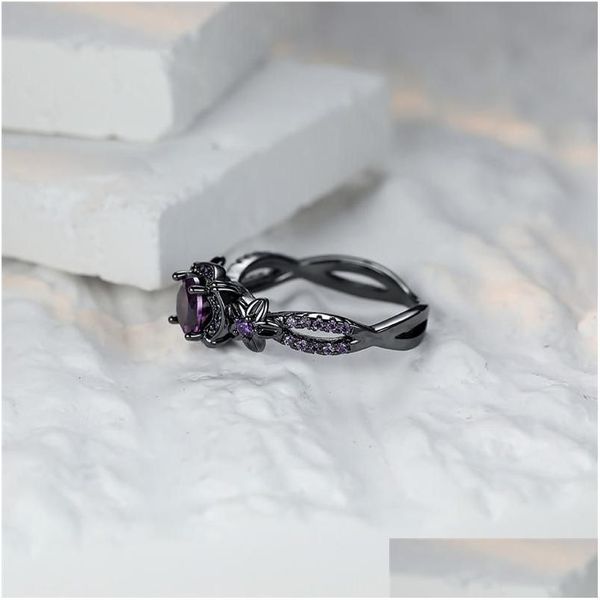 Anelli Anello di fidanzamento con zircone rotondo viola Classico colore oro nero femminile carino piccola stella fiore per gioielli da donna Consegna di goccia Dhdzq