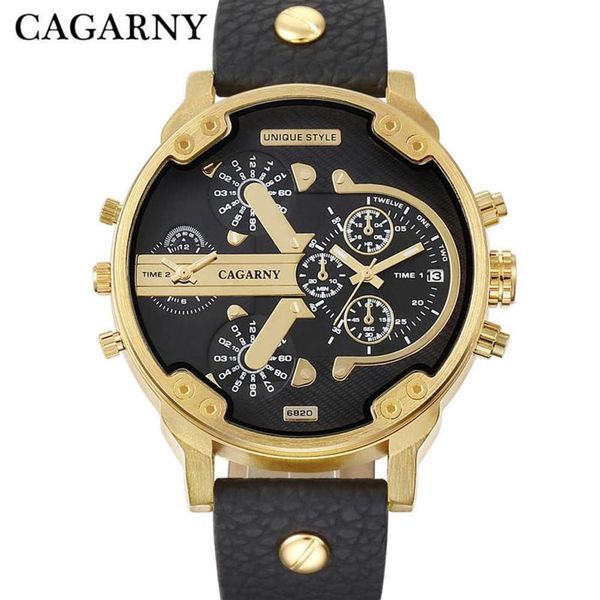 Orologio al quarzo Cagarny di lusso da uomo cinturino in pelle nera cassa dorata dual times militare dz Relogio Masculino casual orologi da uomo uomo X260y