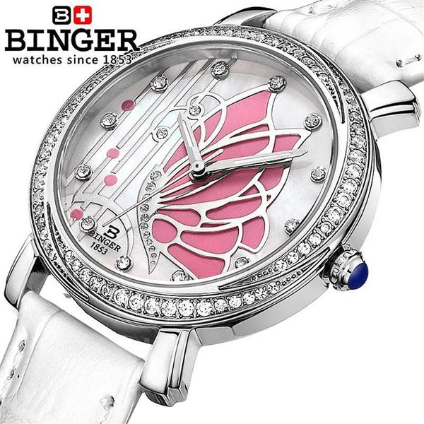 Suíça binger relógios femininos moda luxo relógio pulseira de couro quartzo borboleta diamante relógios de pulso B-3019L304R