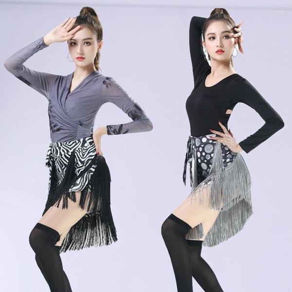 Palco desgaste latina dança saia bottoms exercício roupas calças femininas 2023 dança roupas hip cachecol laço-up borla