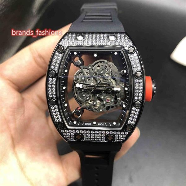 Relógio de diamante de gelo masculino, relógio com rosto a céu aberto, caixa de diamante, pulseira de borracha preta, relógio de pulso mecânico totalmente automático 351g