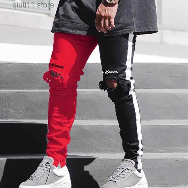 Männer Jeans Y2K Herren Schwarz Rot Patchwork Denim Hosen Herbst Neue Fuß Zip Up Zerrissene Jeans Hip Hop Vintage Skinny Jeans Mann Pantnes Hombre T231003