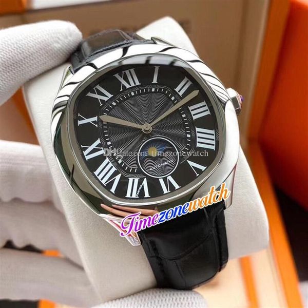 Nova unidade wsnm0008 fase da lua relógio masculino automático caixa de aço preto textura dial branco marcador romano pulseira couro preto timezonewa264s