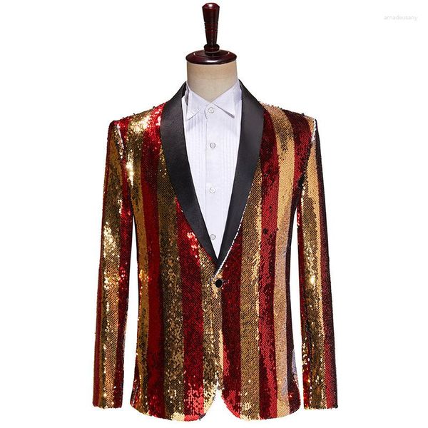 Ternos masculinos lantejoulas listrado blazer terno jaqueta preto e branco masculino palco wear traje de halloween homme vermelho ouro roupas de baile