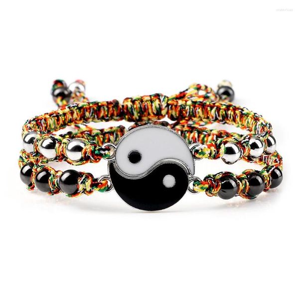 Strand 2 pçs tai chi yin yang casal pulseiras para mulheres homens ajustável multicolor corda trançado amigos pulseiras charme jóias presentes