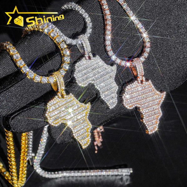 Vvs moissanite hip hop jóias baguette diamante áfrica mapa pingente de prata esterlina gelado para fora jóias feito sob encomenda mapa pingentes