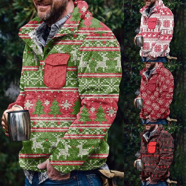 Felpe con cappuccio da uomo Felpe con bottoni sul davanti con motivo fiocco di neve natalizio per uomo con disegni pullover lungo alla moda