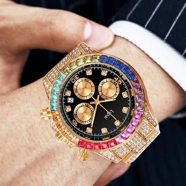 Relógios de pulso Lvpai Marca Relógios de Quartzo com Micro Pave Iced Out Pedras Coloridas Cubic Zirconia Aço Inoxidável Hip Hop Relógio para 290s