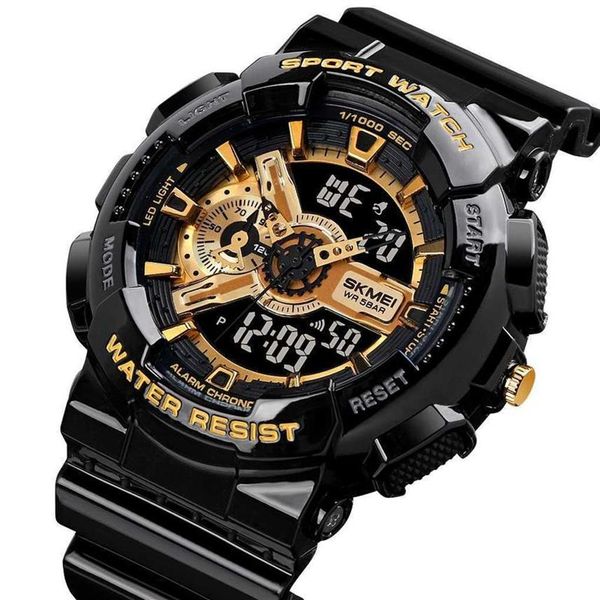SKMEI LED Digital Shock Männer Analog Quarz Schwarz Gold Elektronische Armbanduhr Masculino G Stil Wasserdichte Kunststoff Sport Watch237w